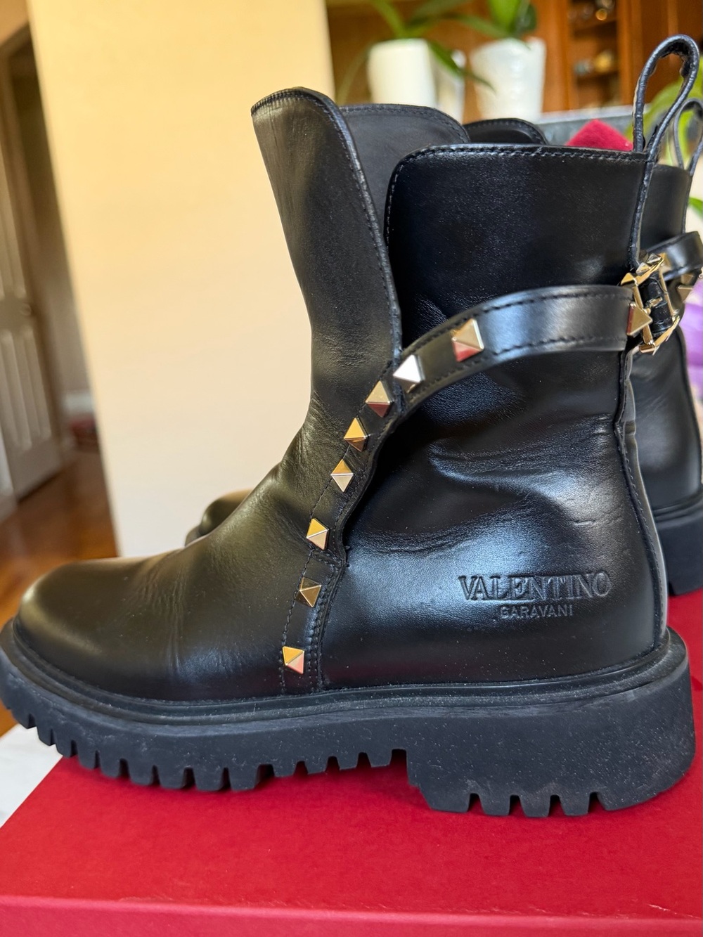 Valentino Garavani Black Leather Ankle Boots with Gold Rockstuds